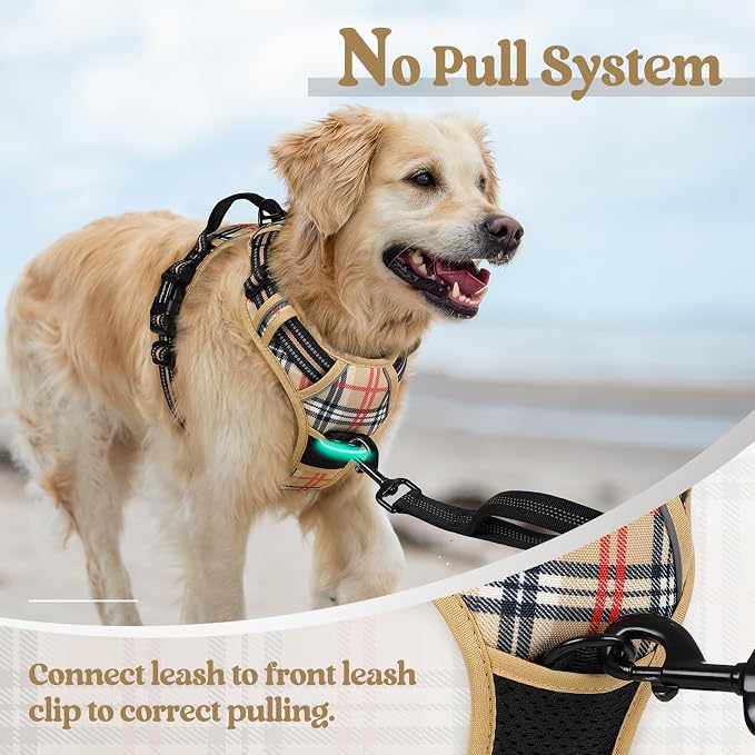 rabbitgoo Dog Harness, No Pull Medium Sized with 2 Leash Clips, Pet Vest | No Choke with Handle, Adjustable Soft Padded, Reflective, Easy Control for Walking, Beige Plaid, Medium - Image 5