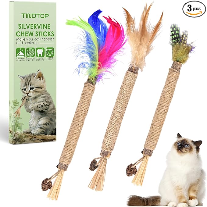 TINDTOP Silvervine Sticks for Cats with Natural Feather, Catnip Chew Toys | for Kittens Teeth Cleaning, Increase Appetite, Calm Cat Anxiety and Stress, Cat Dental Toy, 3 Pack by TINDTOP