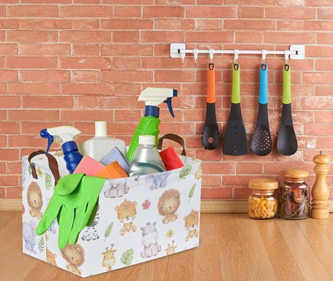 Rectangular Kids Storage Bins,Baby Baskets Organizer.Waterproof PE Coating Cute Basket with Handles.Woodland Nursery Decor,Toys Box,Books Basket, (Cute Animal) - Image 4