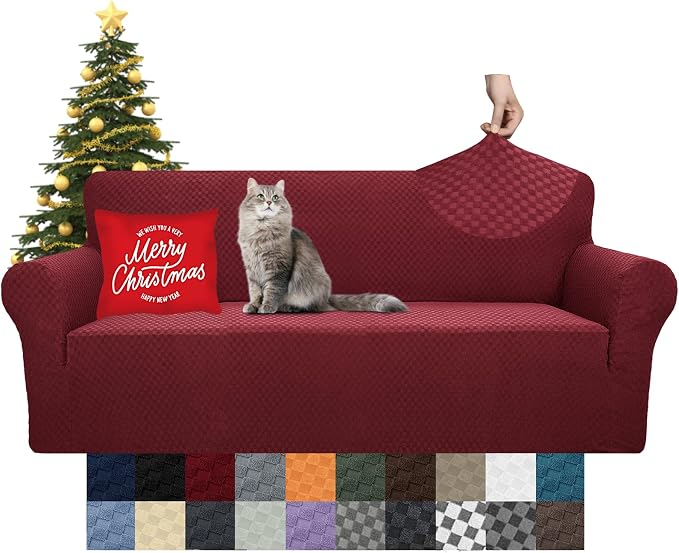 YEMYHOM Couch Cover Latest Jacquard Design High Stretch Sofa Covers for 3 Cushion Couch, Pet Dog Cat Proof Slipcover Non Slip Magic Elastic Furniture Protector (Sofa, Christmas Wine Red) - Image 8