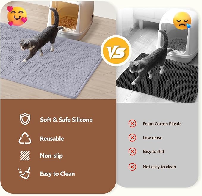 Silicone Cat Litter Box Mat 38'' x 25'' Cat Mat with Toy, Grey | Extra Large Litter Mat with lip, Non-Slip Waterproof Cat Litter Mat Litter Trapping Mat for Floor, Easy to Clean - Image 3