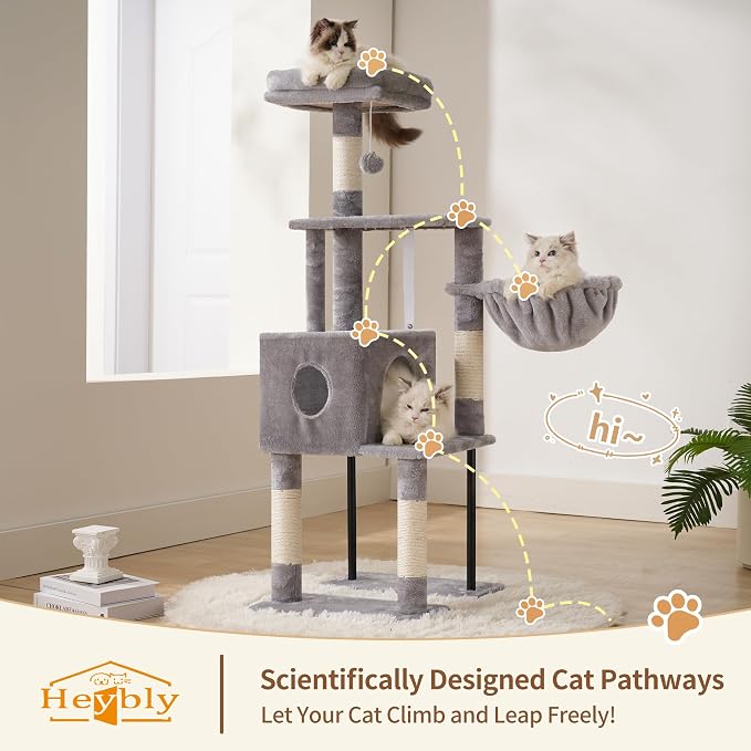 Heybly Cat Tree with Toy, 49.2 inch Cat Tower for Indoor Cats HCT200SW-1 | Spacious Cat House Condo with Hidden Space，Soft Plush Top Perch，Cozy Hammock and Sisal Scratching Posts, Light Gray - Image 4