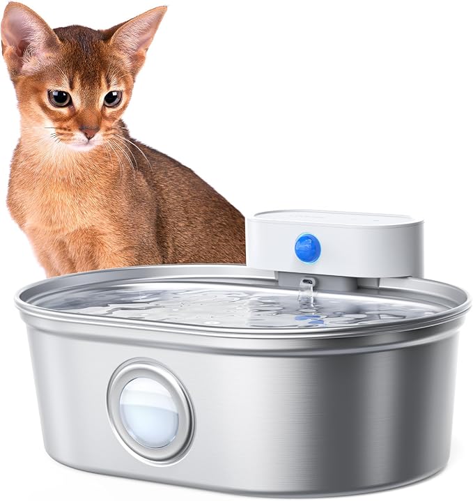 uahpet Wireless Cat Water Fountain Stainless Steel Pro, External Pump Battery Operated Pet Waterer, Dog Drinking Dispenser with Water Level Window, 67oz/2L by uahpet