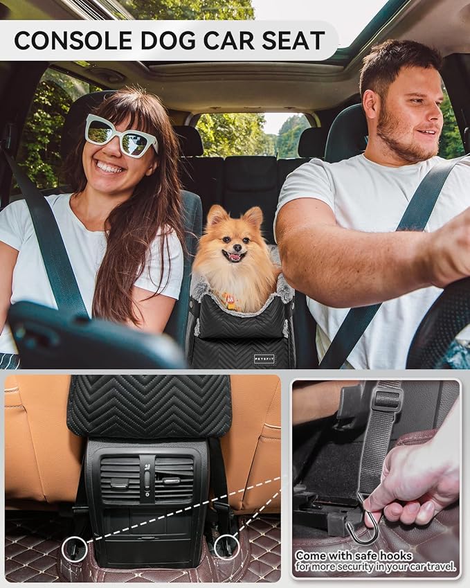 PETSFIT Dog Console Car Seat with Dual Adjustable Seat-Rail Anchor Hooks | Anti-Collapse Leather Armrest Booster Carseat with Safety Tether, Washable Cushion, Soft Pillow for Pets Under 8 lbs, Black - Image 2