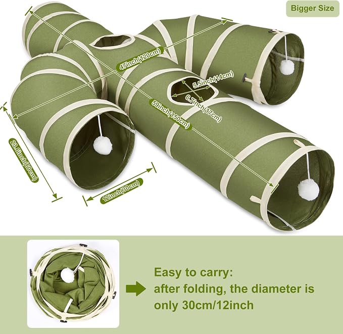 Ownpets Cactus Cat Tunnel 12" with Peek Holes for Indoor Large Cat, Green | Durable Oxford fabric, noise-free, foldable & connectable, multi-cat friendly, tube for cats up to 20lb, includes ball & wand - Image 5