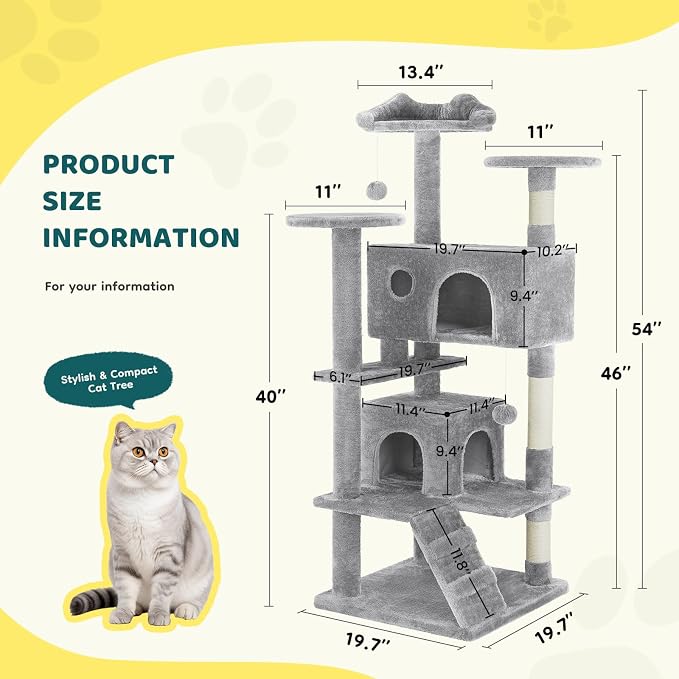 DUMOS 54 Inch Cat Tree Tower with Scratching Posts, Indoor Use | Multi-Level Pet House for Large Cats with 2 Condos, Round Platform, Small Ladder and Toys, Light Grey - Image 6