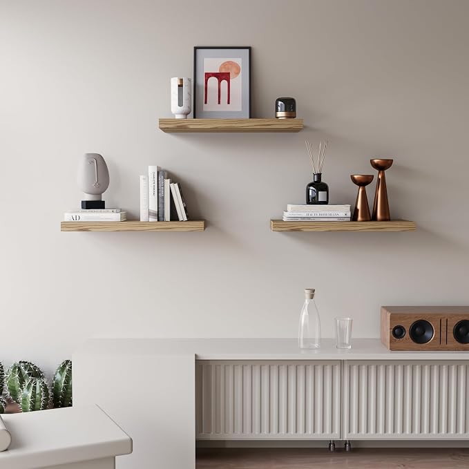 Floating Shelves for Wall Set of 3, 16 Inch Light Brown Shelves Bedroom | Light Brown Engineered Wood, Hidden Metal Brackets, Space-saving, Bedroom Kitchen Bathroom Decor - Image 2
