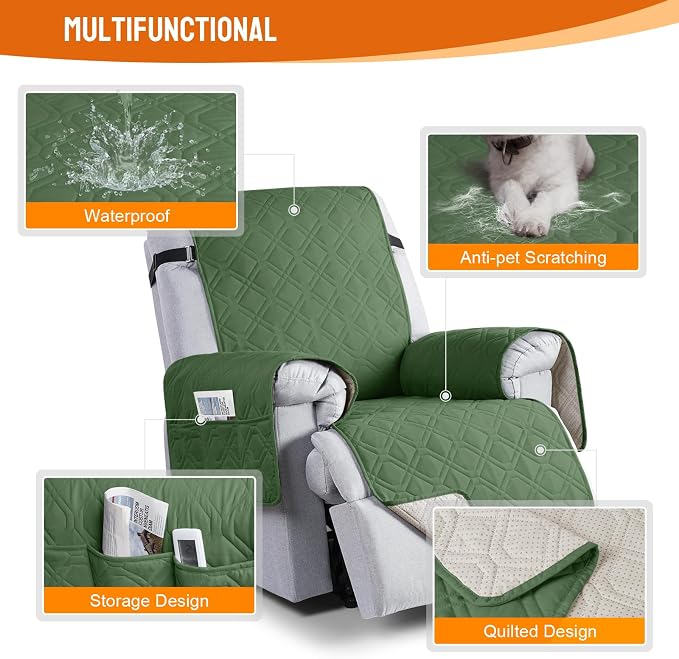 VANSOFY 100% Waterproof Recliner Chair Covers Washable, Vine Green, 25" | Non-Slip, Slipcover with Pocket, Furniture Protector, Elastic Straps, Chair Cover for Pets, Dogs - Image 3