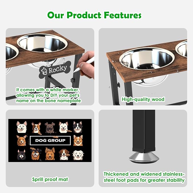 SHAINFUN Adjustable Height Elevated Dog Bowl Stand for Large & Extra Large Dogs – Wooden Raised Dog Bowls with Three 101oz Stainless Steel Bowls & Mat, Stainless Steel Food & Water Station - Image 5