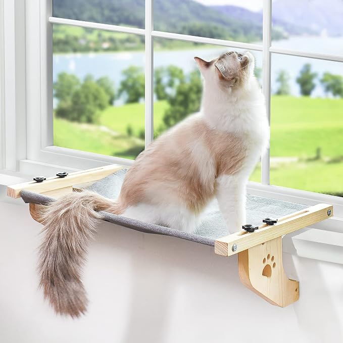 AMOSIJOY Cat Windowsill Perch with Wood & Metal Frame for Large Cat, 27.5in | Solid Wood Frame, Easy to Adjust, Washable Berber Fleece Cover, No Suction Cups Cat Window Seat for Windowsill, Bedside by AMOSIJOY