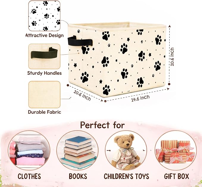 Paw Print Storage Bin, Foldable Fabric Organizer | Black paw print storage bin with stars and dots for toys, books, clothes, pet items, shelves, closets, and rooms. - Image 4