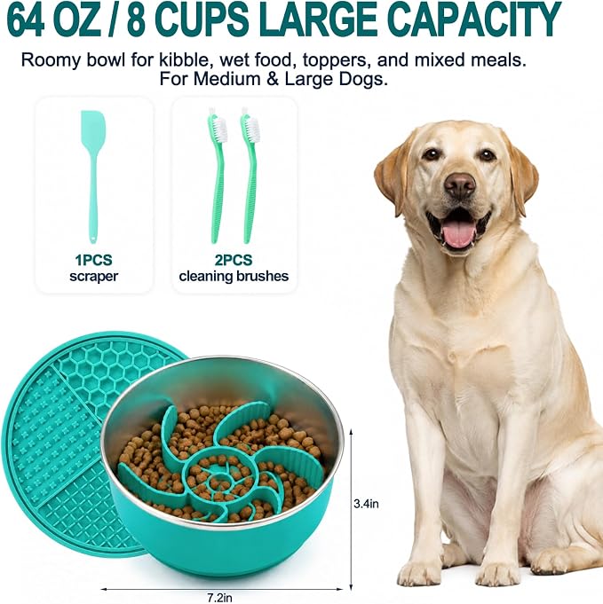 Large Dog Bowl 8 Cups Stainless Steel with Slow Feeder Insert and Lick Mat Storage Lid, 3-in-1 Non-Slip Pet Bowl for Kibble, Wet Food,Travel - Image 7