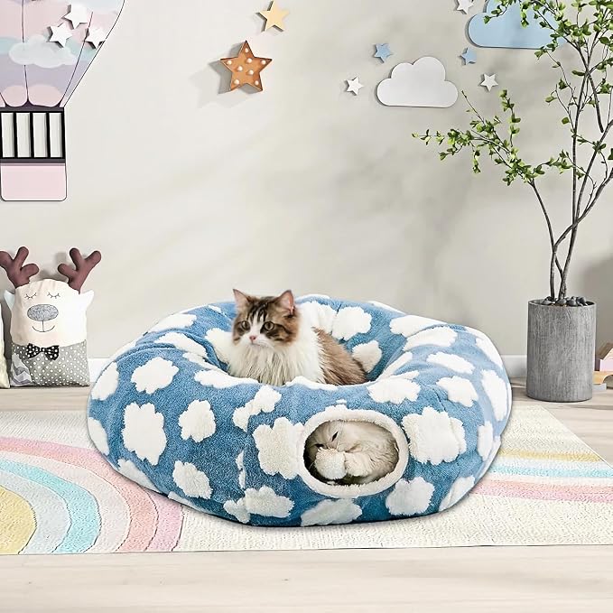 Cat Tunnel Bed with Washable Cushion for Indoor Cat, Donut Cave Tube Toys for Kitten Puppy Rabbit, Blue - Image 3