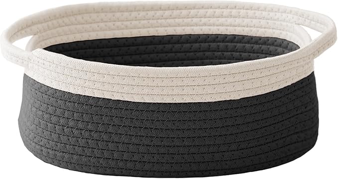 JMvicyroam Small Woven Basket, Empty Gift Basket, White&Black/1 Pack | Small Gift Basket, Cotton Rope, 12 x 8 x 60 in, Handles, Includes Ribbon and Bag, Birthday Gift Basket by JMvicyroam