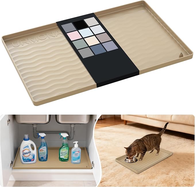 URMONA Waterproof Silicone Under Sink Mat 16'' x 10'' Shelf Liner for Kitchen and Bathroom, Cabinet and Counter Protector, Storage and Organizers, Litter Mat, Pet Cat Puppy Essentials(Khaki) by URMONA