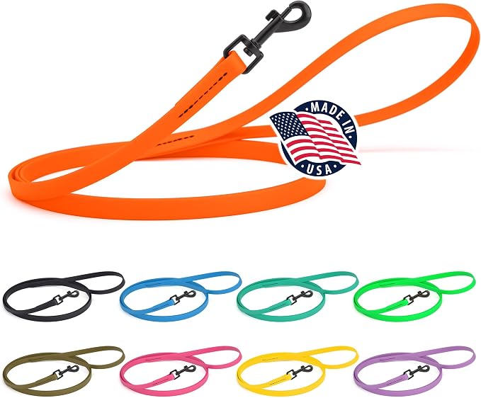 Dogline Biothane Waterproof Dog Leash 2/4/6 Ft Strong Coated Nylon Webbing with Black Hardware Odor-Proof Easy to Clean High Performance for Small or Large Dogs Made in USA, Hunter Orange by Dogline