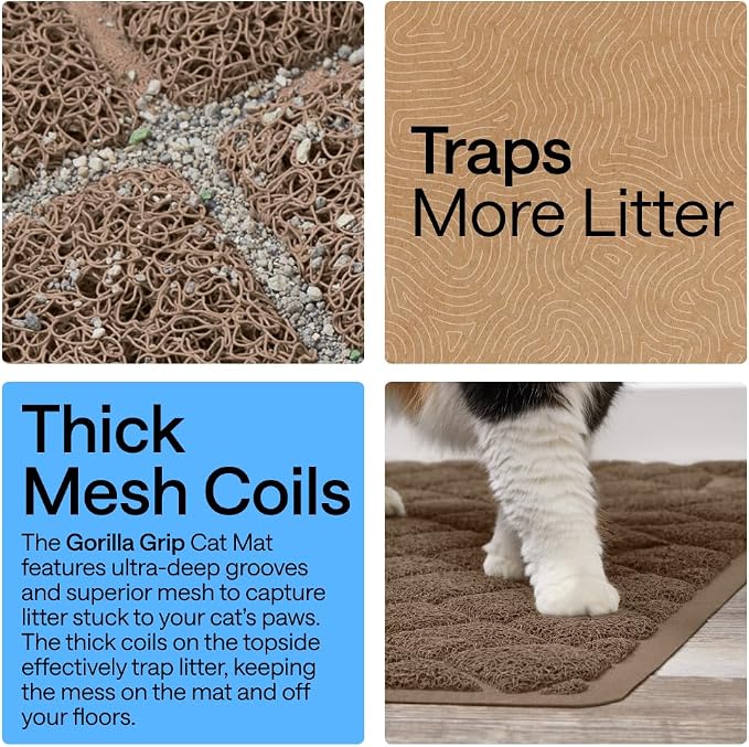 GORILLA GRIP Cat Litter Box Mat, 47x35, Cushioned Coil Mesh Litter Trapping Mats, Scatter Control Supplies for Less Mess, Phthalate Free, Ultra Deep Catch Grooves, Rinse or Vacuum to Clean, Brown - Image 3