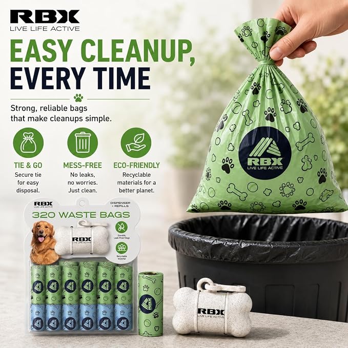 RBX Dog Poop Bags with Leash Holder, 320 Bags, 16 Refill Rolls | Clip-On Dispenser, Durable Leak-Proof, Recyclable Material - Image 5