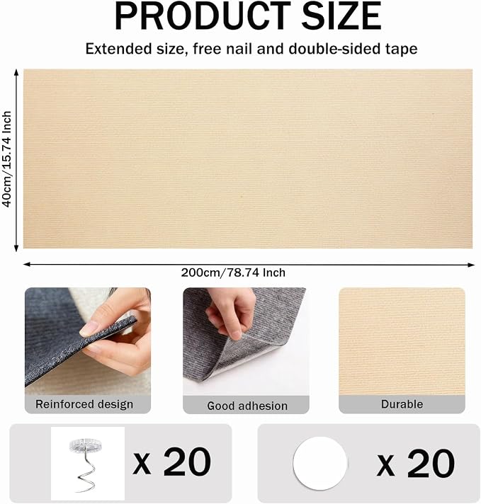 78.8"x15.8" Khaki Cat Scratch Furniture Protector,DIY Cat Scratching Pad Protection for Couch Bed,Cat Carpet and Cat Scratching Post Trimmable Self-Adhesive Cat Scratching Mat(Black) - Image 3