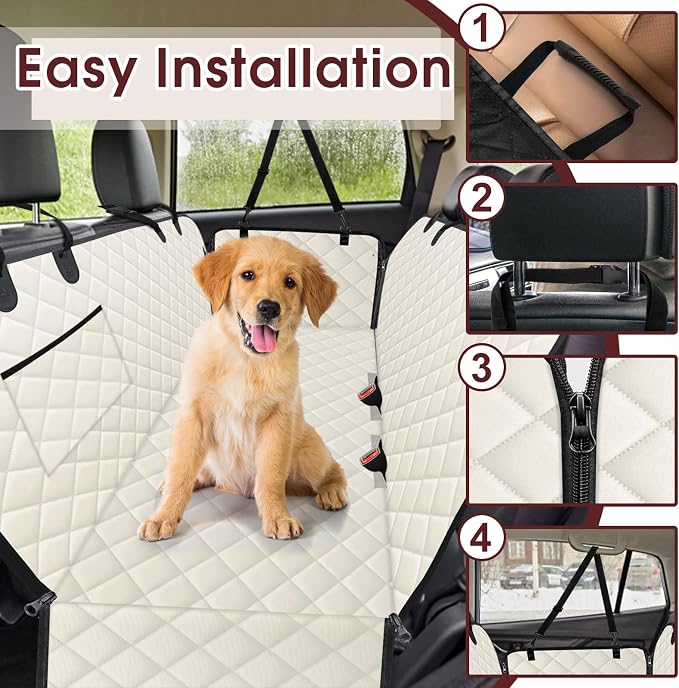 NECKORY Waterproof Dog Car Seat Cover for Back Seat - Durable, Scratch Proof Pet Hammock with Nonslip Design & Storage Pockets, Fits Cars, SUVs, Trucks - L, Beige/Black - Image 5