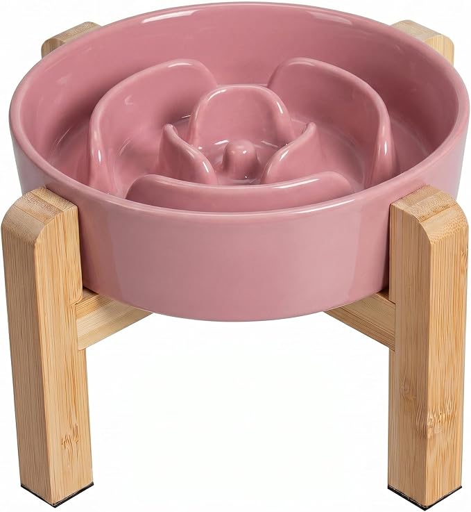 Elevated Slow Feeder Dog Bowl, 6.7" Ceramic Maze Dog Bowl with Stand | 1.5 Cups Slow Feeding Dog Dish for Fast Eaters, 5" Tall Anti-Slip Raised Slow Feeder for Small and Medium Breeds, Pink by PTOBER