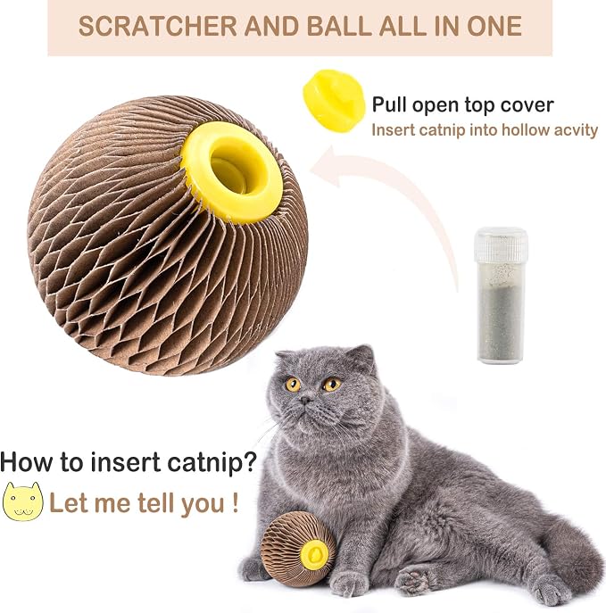 Cat Toys for Indoor Cats, Catnip Toys with Refillable Catnip, 3 Inch Scratcher Ball, Interactive Rolling Scratch Toy for Bored Indoor Adult Felines, Small Corrugated Paper Ball - Image 4