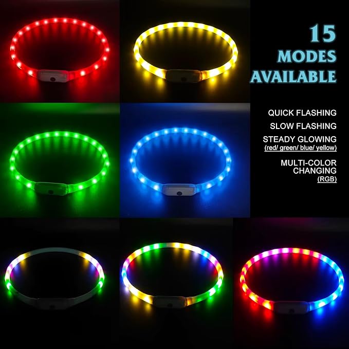 Light Up RGB Dog Pet Collar Multicolor Rainproof, LED USB C Rechargeable Glow in The Dark Collar for Night Walks, Soft Silicone Collar Cuttable for Small Medium Large Dogs 15 Color Modes - Image 2