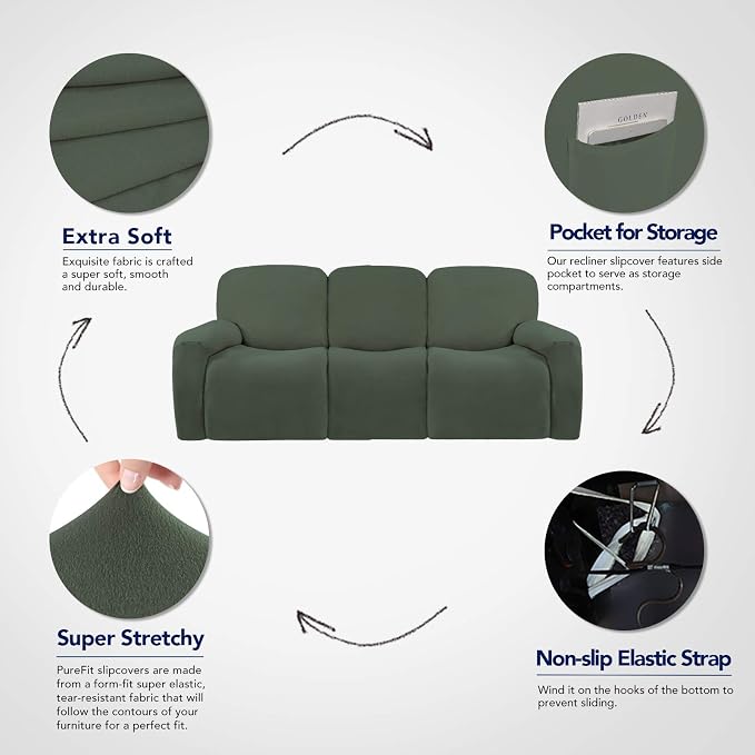 PureFit Super Stretch 3 Seats Recliner Sofa Couch Cover with Pocket | Non Slip Soft Sofa Slipcover, Washable Spandex Reclining Furniture Protector for Kids, Pets (Recliner Sofa, Grayish Green) - Image 3