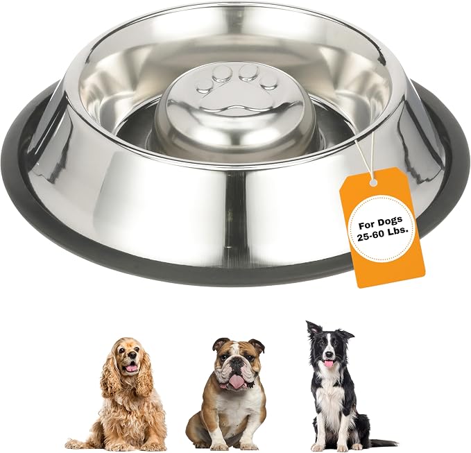 Neater Pet Brands Stainless Steel Slow Feed Bowl - Non-Tip & Non-Skid - Stops Dog Food Gulping, Bloat, Indigestion, and Rapid Eating (3 Cup) by NeaterPetBrands