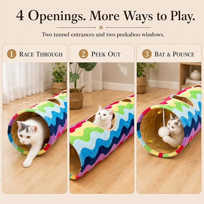 Cat Tunnel -Straight-Shaped, Rainbow Wave Color, Soft Velvet Exterior, Oxford Fabric Fog-Proof Interior, Plush Toy Ball, Easily Washable, Conveniently Foldable, 47.2in/120cm - Image 3