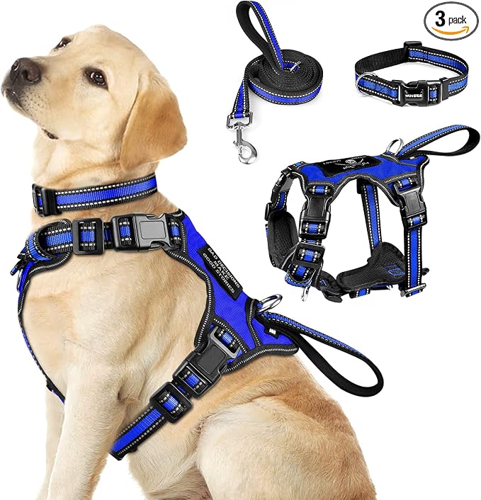 Pet Harness Collar and Leash Set, All-in-one Reflective Dog Harness No Pull with Adjustable Buckles for Puppies, Small, Medium, Large, and Extra-Large Dogs (Large, Dark Blue) by WINSEE