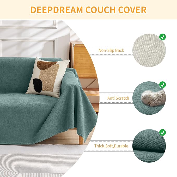 Deep Dream Cat-Scratch Resistant Couch Cover, Waterproof Sofa Cover for 2 Cushion Couch Washable, Pet Friendly Couch Protectors Anti Slip Thickened Slipcovers for Dogs Pets, 71" x 102", Green - Image 3