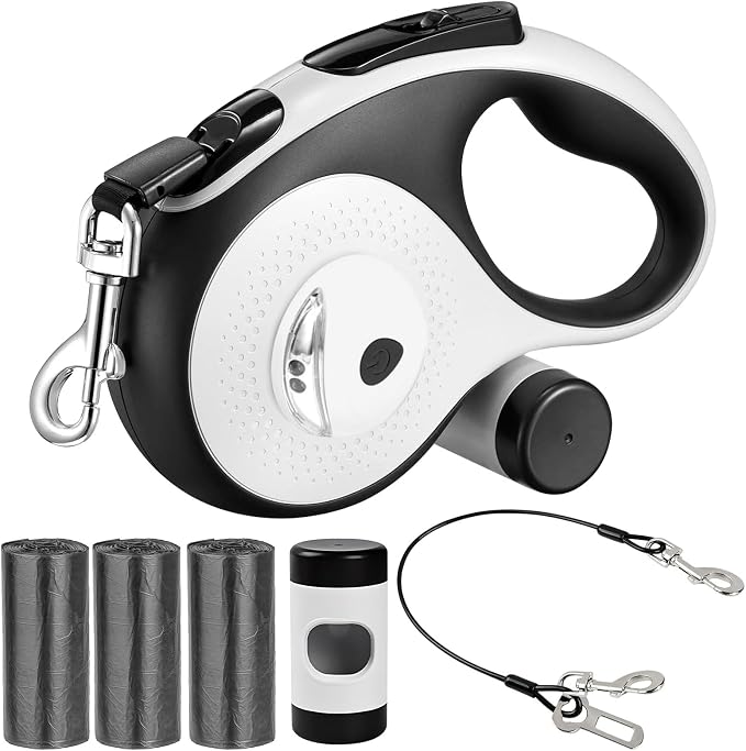26Ft Retractable Dog Leash - for Dog Up to 110lbs, Tangle Free Walking Leash with Chew Proof Cable | LED Light | Dispenser | Poop Bags, Quick Lock Braking & Non-Slip Handle (White) by Homesuppliesanddogsupplies