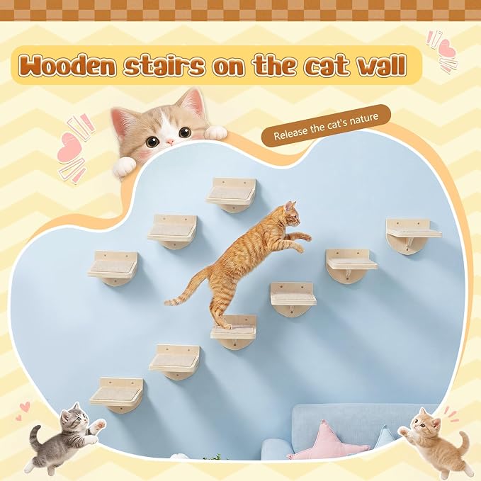 SiliFine Set of 9 Natural Wood Color Cat Wall Stairs, Climbing Steps, Cat Wall Shelves Perch with Fixtures and Felt 8.7"x4.7" Stairs Natural Birch Wooden | Floating Steps for Playing Climbing - Image 4