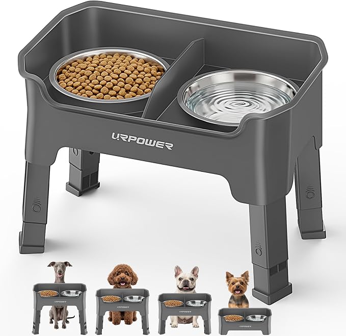 URPOWER Mess Proof Elevated Dog Bowls, Splash Guard Raised Bowl Stand | 4 Adjustable Heights, 2 Stainless Steel Bowls, Food & Water Separation, Non-Slip Base, Foldable Design for Small Dogs by URPOWER