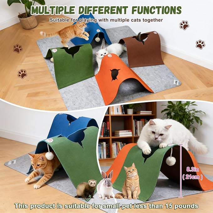 35.4" Cat Tunnels for Indoor Cats, Multi-Entrance Cat Toys, Multicolor | 4 Way Felt Interactive Pet Toy with Hidden Ball, Enrichment Activity Rug, Collapsible Cave for Kittens & Small Pets - Image 2