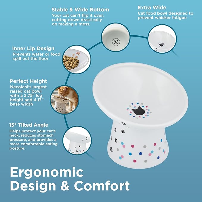 Necoichi Ceramic Elevated Food Bowl, 15° (Colorful Dots, Extra Wide Tilted) - Image 3