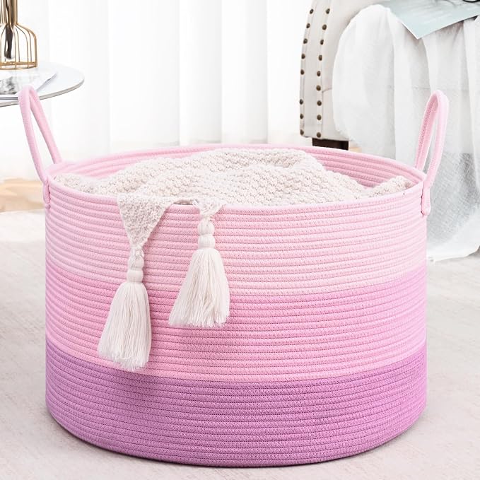 67L Large Woven Blanket Basket, Cotton Rope Baby Laundry Hamper with Handles, Kids Toy Basket for Classroom & Nursery, Soft Round Stuffed Animal Storage, Dog Toy Bin - 20"x13", Pink - Image 9