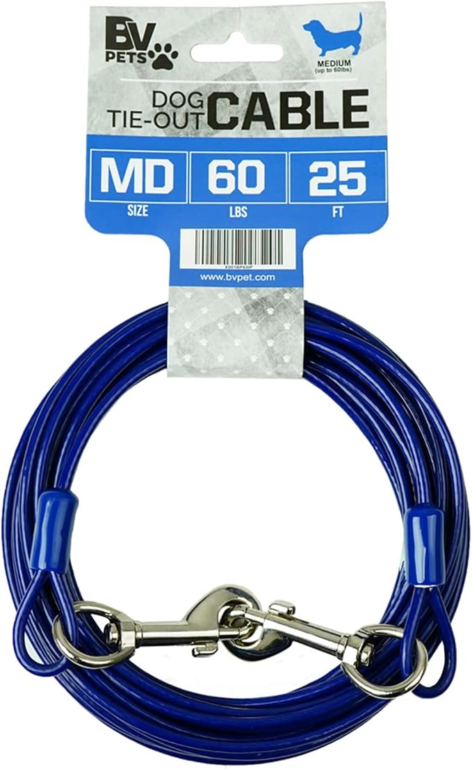 BV Dog Tie Out Cable 25 Feet - Heavy Duty Dog Lead Up to 60 Pounds - Reflective & Rust-Free with Quick Release Swivel Clips & 360° Rotating Clasp - Tangle-Free Dogs Runner for Yard (Blue, Single) by BV