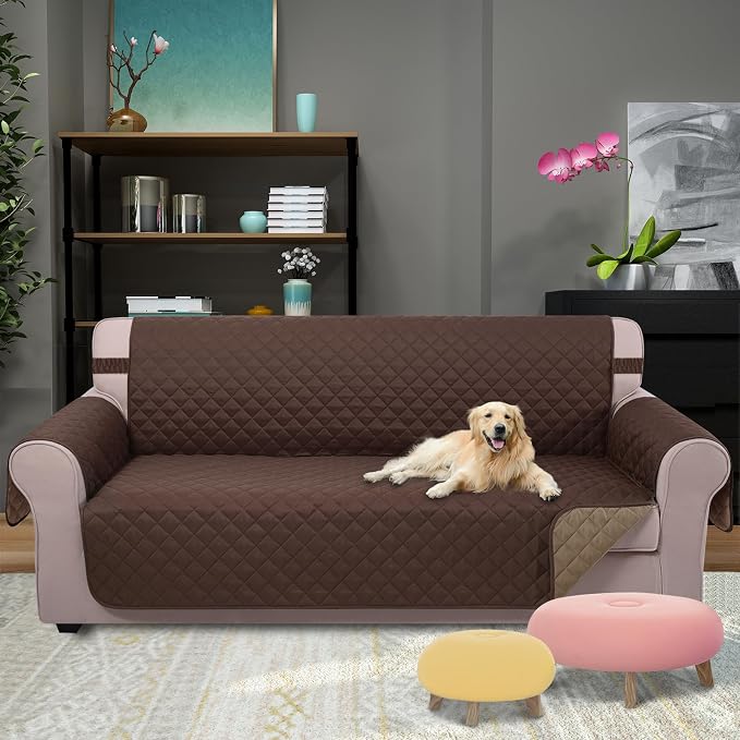 U-NICE HOME 4 Seater Sofa Cover 91''Large Couch Cover, Chocolate/Taupe | Washable, Pet Friendly, Elastic Straps, Water Repellent, Furniture Protector Mat for 4 Cushion Couch - Image 2