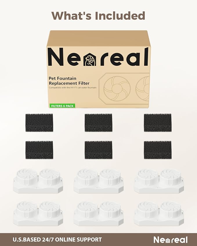 Neareal Cat Water Fountain Replacement Filters and Pre-Filter Sponges | Includes 6 Filters and 6 Sponges for 74oz/2.2L Stainless Steel Pet Fountain - Image 9