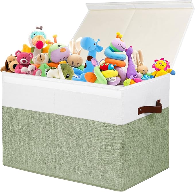 Large Toy Storage Box with Lid, Toy Chest Bin Boxes Basket with Dividers | Sturdy Toy Organizer Bin for Kids, Boys, Girls, Nursery, Living Room, Bedroom, Playroom 25"x13" x16" (Green and White) by Gowee