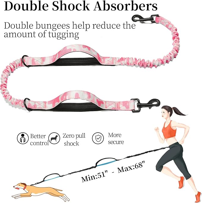 Hands Free Dog Leash with Zipper Pouch, White-Pink Mix, Large | Waist Leash, Dual Padded Handles, Shock-Absorbing Bungee, Adjustable Waist Belt, Walking and Running - Image 5
