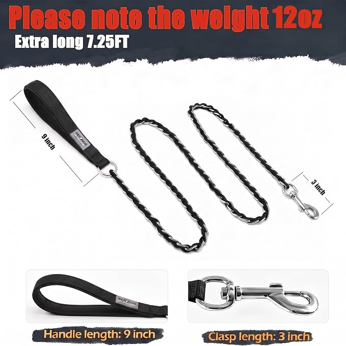 S-ETOVUS-Chain Dog Leash, Bite-Proof Metal Leash, with Padded Handle | Three Sizes 7.25FT/5.2FT/4FT, Woven From Nylon Rope And Chain, Durable And Bite-Resistant, Comfortable With Padded Handles - Image 2