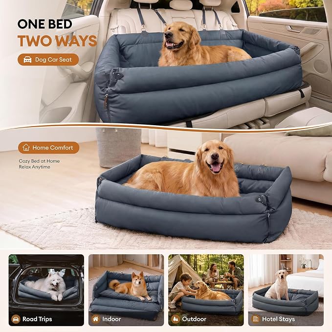 FUNNY FUZZY Leather Dog Car Seat for Large Size Dogs, Pet Booster Car Seats | Waterproof Car Seat with Safety Clip-On Leash, Soft Fabric Car Dog Bed Filling Memory Cotton, Washable Travel Pet Bed(Blue) - Image 7