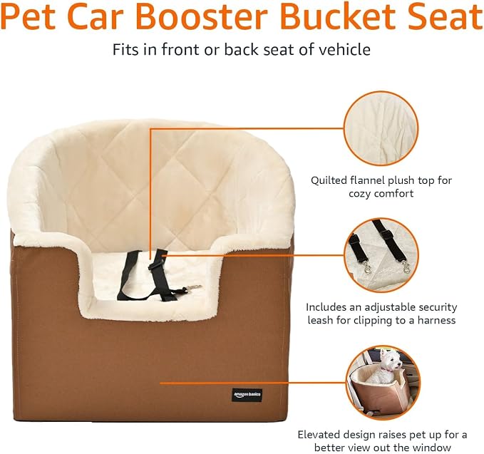 Amazon Basics Dog Car Seat Booster for Small Dogs up to 25lbs, Washable Removable Cover, Safety Leash, Elevated View for Window, 18" x 18" x 16", Tan - Image 2