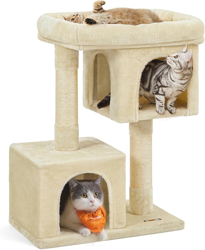 Feandrea Cat Tree, 33.1-Inch Cat Tower, Plush Condo for Large Cats up to 16 lb, Large Perch, 2 Caves, Scratching Post, Beige UPCT61M by FeandreabySONGMICSHOME