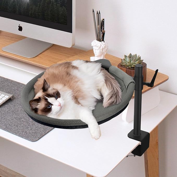 Cat Desk Bed - Sturdy Cat Bed for Desk with 360° Rotating & Adjustable Height, Elevated Cats Nest Perch for Desk, Grey - Image 7