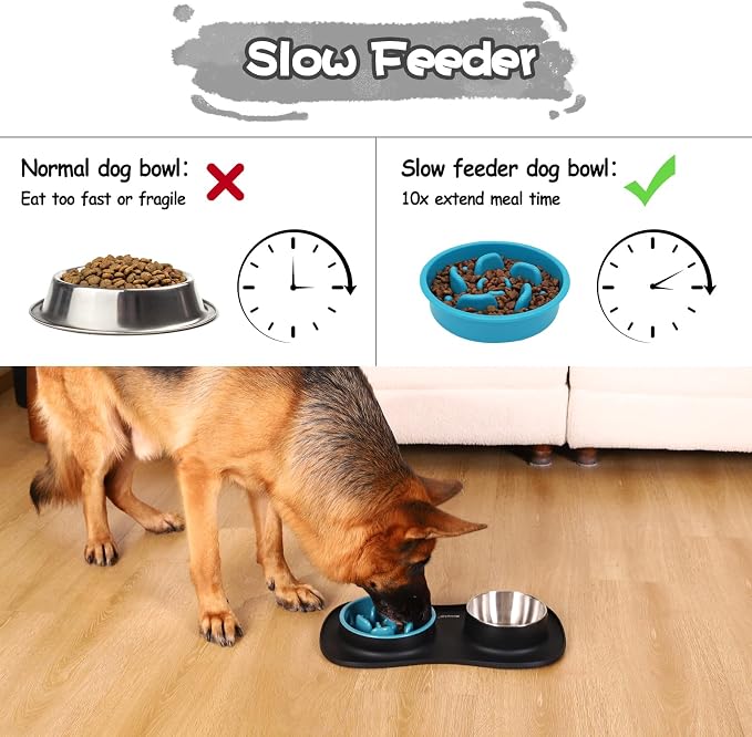 MateeyLife Dog Food and Water Bowl Set 3 in 1, Slow Feeder Dog Bowls & Stainless Steel Water Bowl with Non-Spill Silicone Mat, Cat and Puppy Bowls Pet Dishes for Small Medium Large Breed Anti-Choking - Image 2