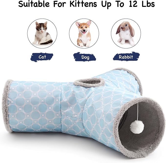 Tempcore Cat Tunnel for Indoor Cats, 3 Way Collapsible Pet Play Tunnel with Teaser Wand, Peek Holes & Hanging Ball, Interactive Tube for Kittens & Rabbits, Geometry Blue - Image 6